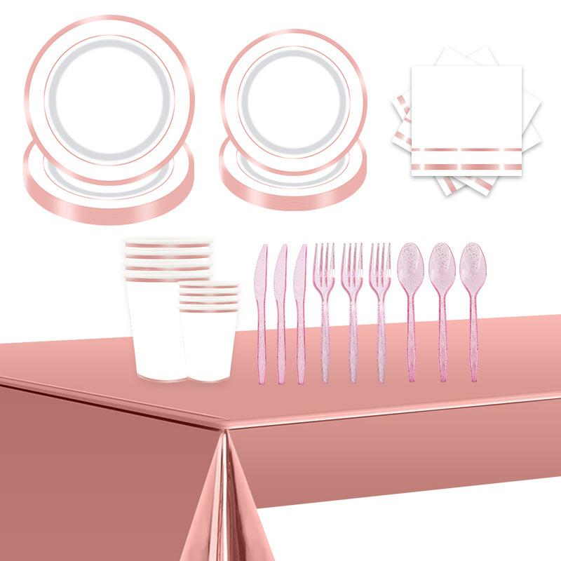 Hot Rose Gold Tableware Set, Paper Cup, Paper Towel, Aluminum Film, Tablecloth, Knife, Fork And Spoon, Party Disposable Arrangement Supplies
