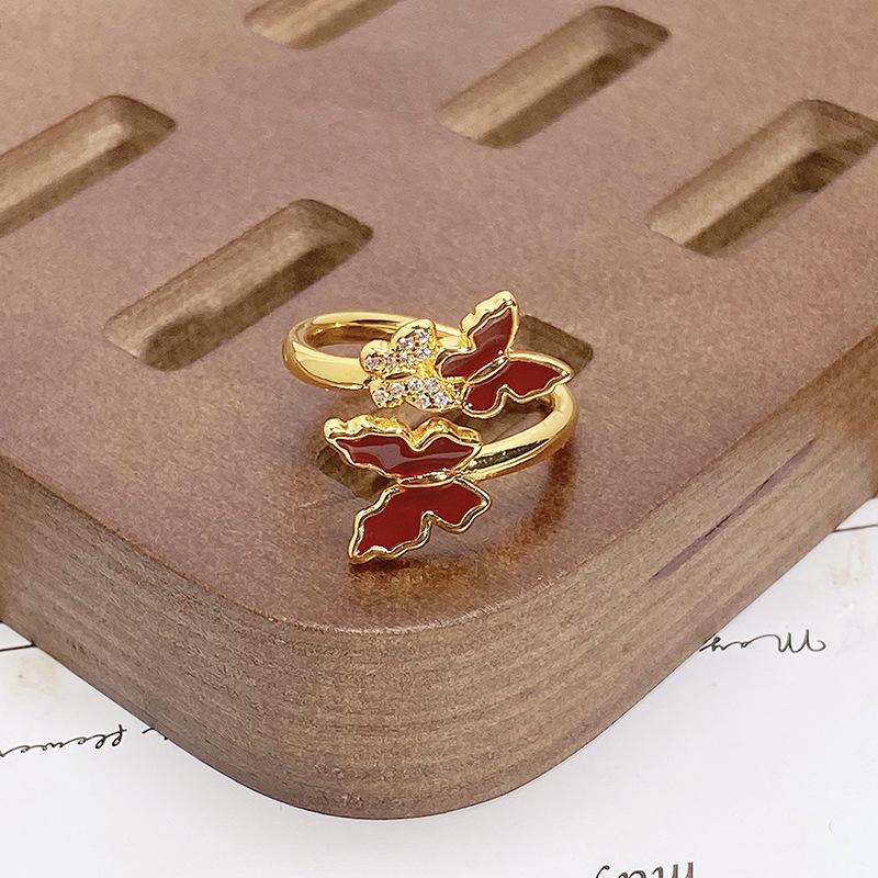 Court Style Medieval Red Lucky Transfer Enamel Drip Oil Opening Ring Butterfly High Sense Ring Woman