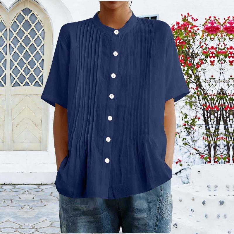 Damen Hellblau Plissierte Bluse Lässig Stehkragen Kurzarm Knopfleiste Einfarbiges Oberteil