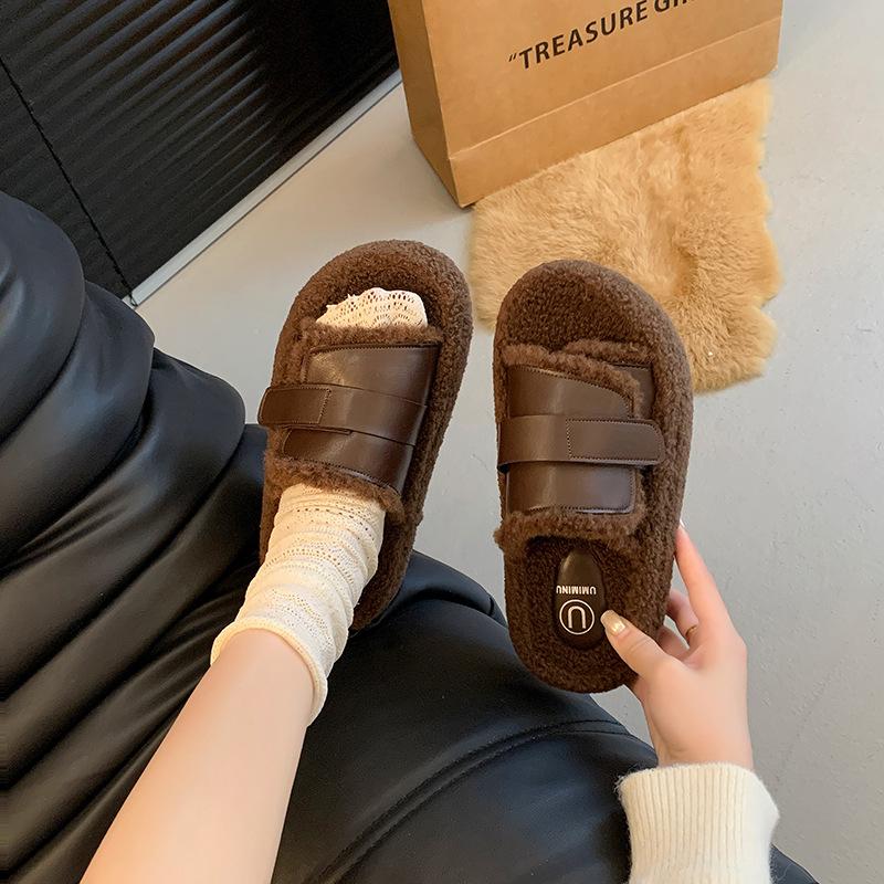 Fashion casual round head soft-soled shoes autumn new wear lamb wool slippers women thick-soled slippers women