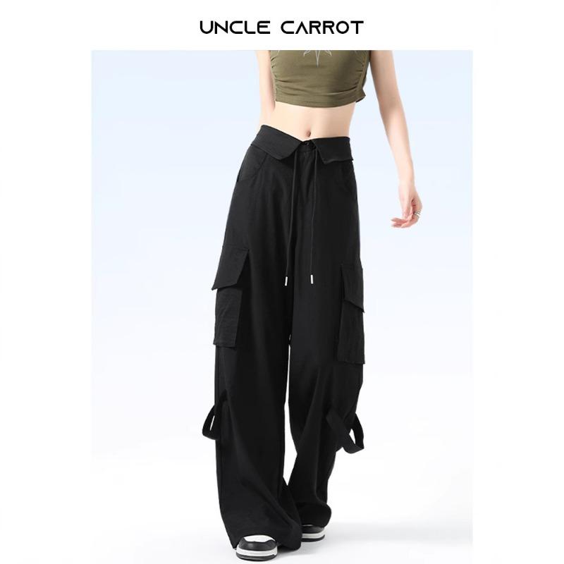 Vintage High Street Wide-leg Overalls Women's Spring New High-waisted Waist-turned Design Sports Casual Pants