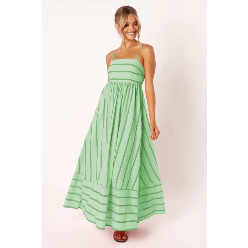 Maxi abito da donna a righe con spalline sottili e vita alta