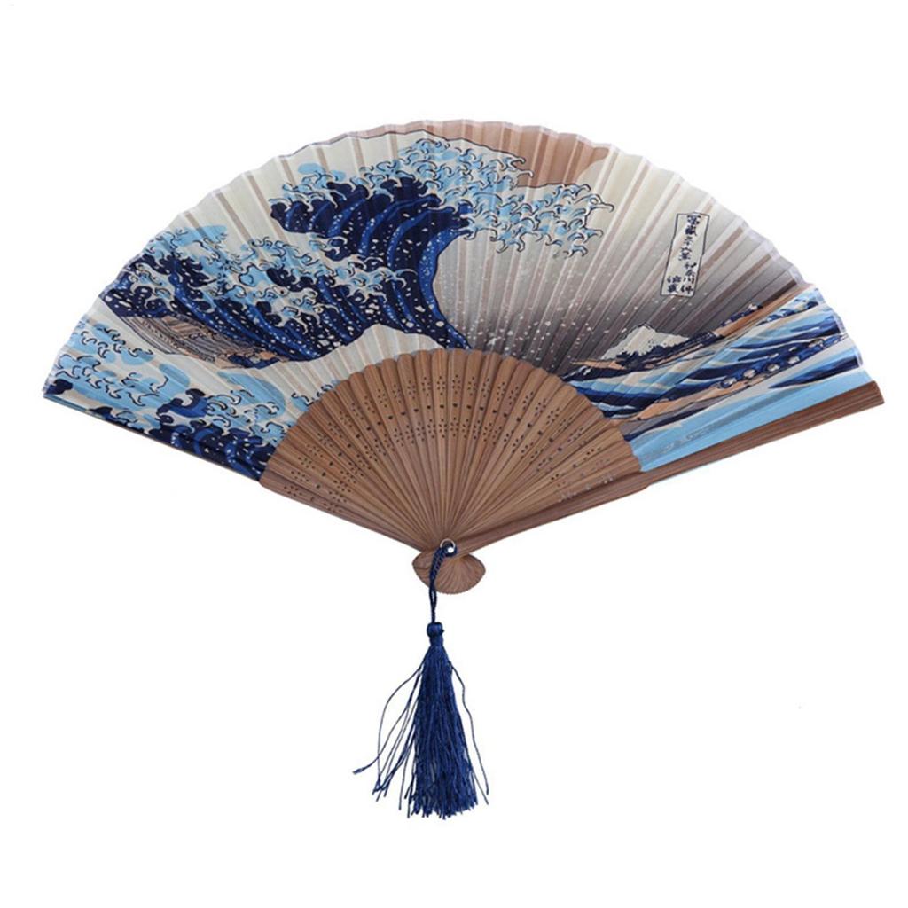 Silk Hand Fan Vintage Silk Folding Hand Fan Kanagawa Waves Japanese Folding Fan Women Bamboo Fans Japanese Art Craft Gift