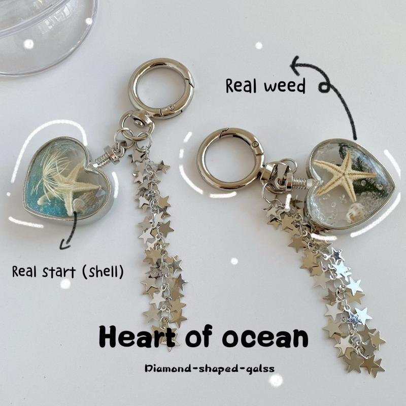 Y2K Style Summer Ocean Heart Keychain Ins Style Aesthetic Keyring Sweet Girly Keycord Fashion Bag Pendant Gifts