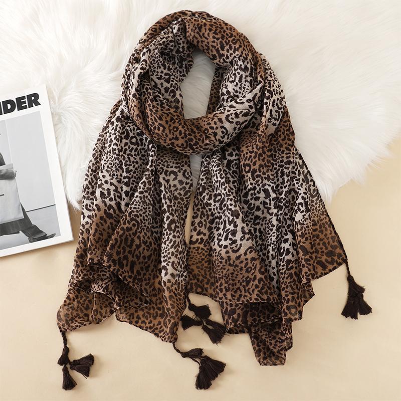 Autumn Women Scarf Cotton Leopard Print Shawl Tassel Summer Sun Protection Muslim Hijab Viscose Wrap Headscarf 90*180cm