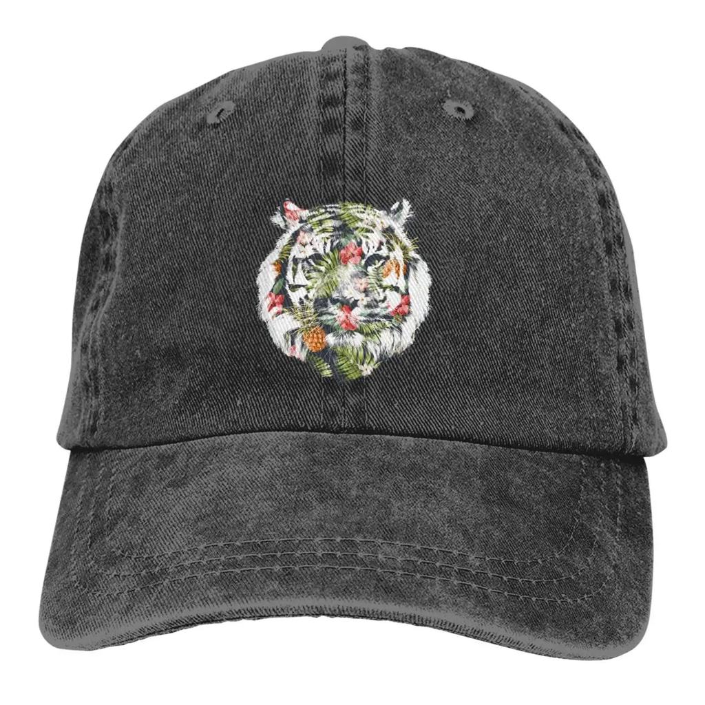 Tropical Floral Denim Cap Peaked Cap Tiger Sun Shade Cotton Hats for Men Women Cowgirl Hat