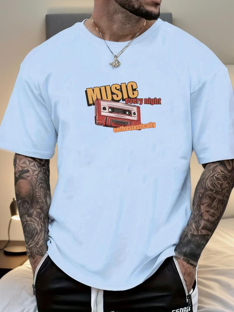 Mens Music Tape Graphic TShirt Summer Soft Comfort Fit Oversized Daily Wear Tee
