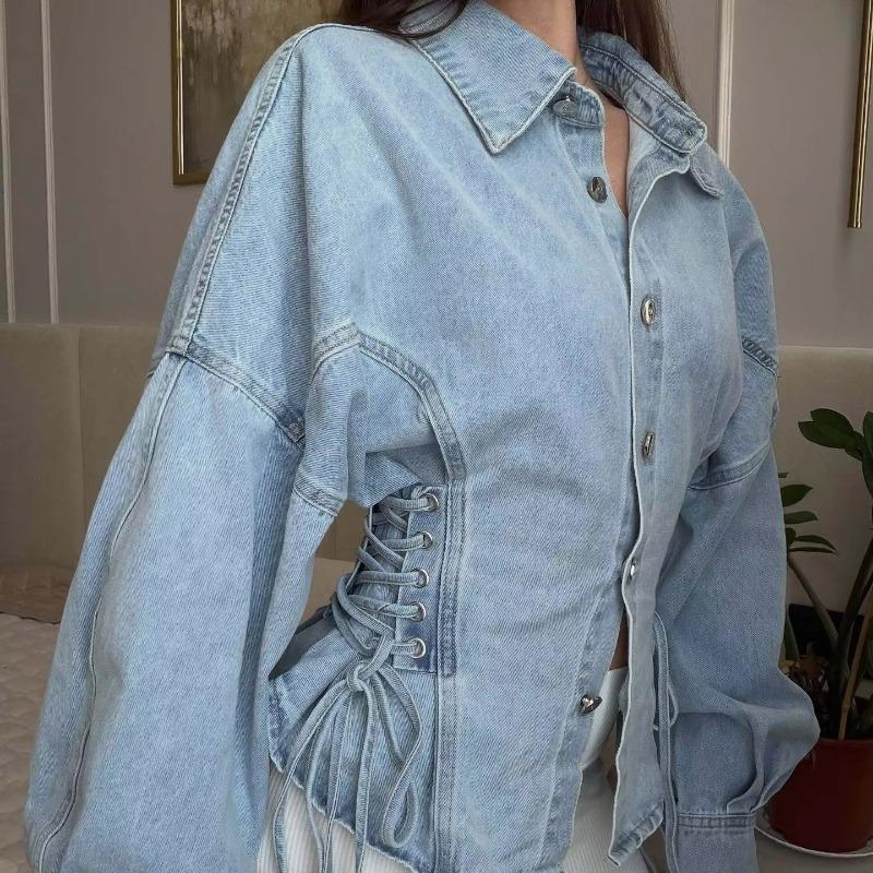 TrendHub Giacca Corta Vintage in Denim da Donna con Collo Bottoni Corsetto Allacciatura in Vita Maniche a Lanterna Regolabili Y2K Streetwear Capospalla