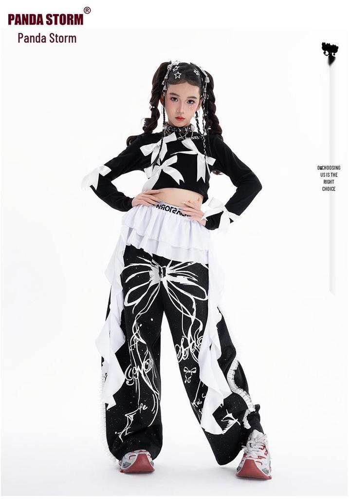 Ținută de Dans Jazz pentru Copii: Set Tricou cu Mânecă Lungă și Pantaloni cu Fundă Dulce și Cool pentru Spectacole pe Stradă