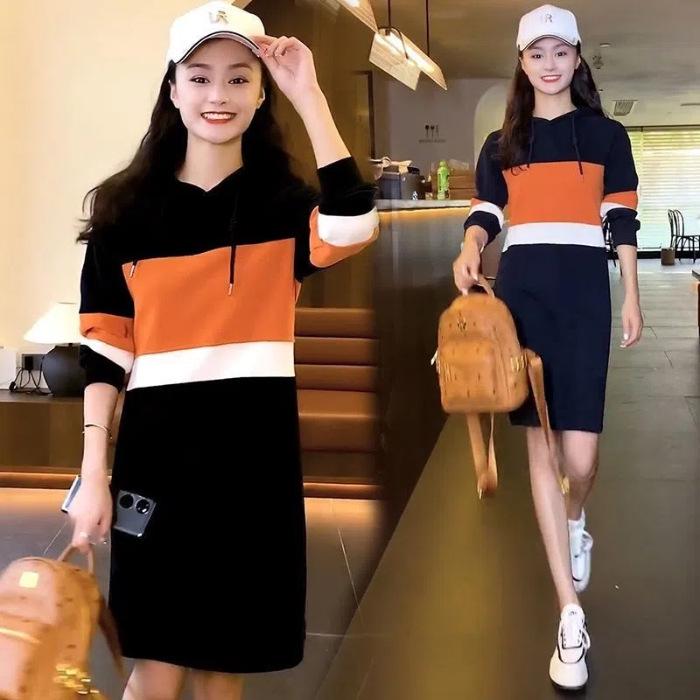 Dámské mikinové šaty s kapucí v korejském stylu - Středně dlouhé, Slim fit, Velká velikost, Trend podzim/zima