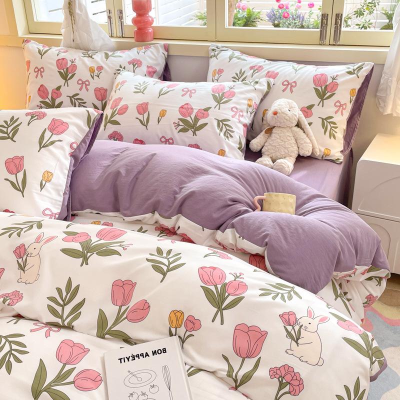 Class A Maternal And Infant Grade Washed Cotton Four-Piece Set Cotton Cartoon Small Fresh Pure Cotton Mattress Quilt Cover 3Pcs Set