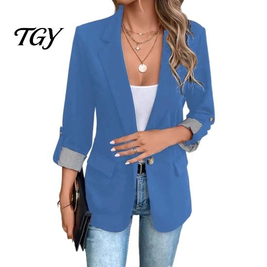 3/4 Sleeve Women Blazer Lapel Collar Blazer, Open Front Business Comfortable with Pockets Casual Suit Jacket, Office Work Short Button Jacket
