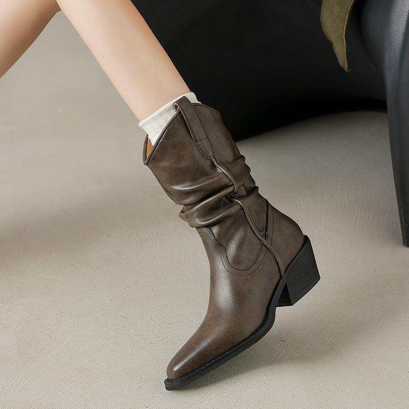 Fashion 2024 New Autumn Winter Women Boot Fashion Pleated Boots for Women Chunky Heel Mid-calf Boots Ladies Shoes Western Boots Retro