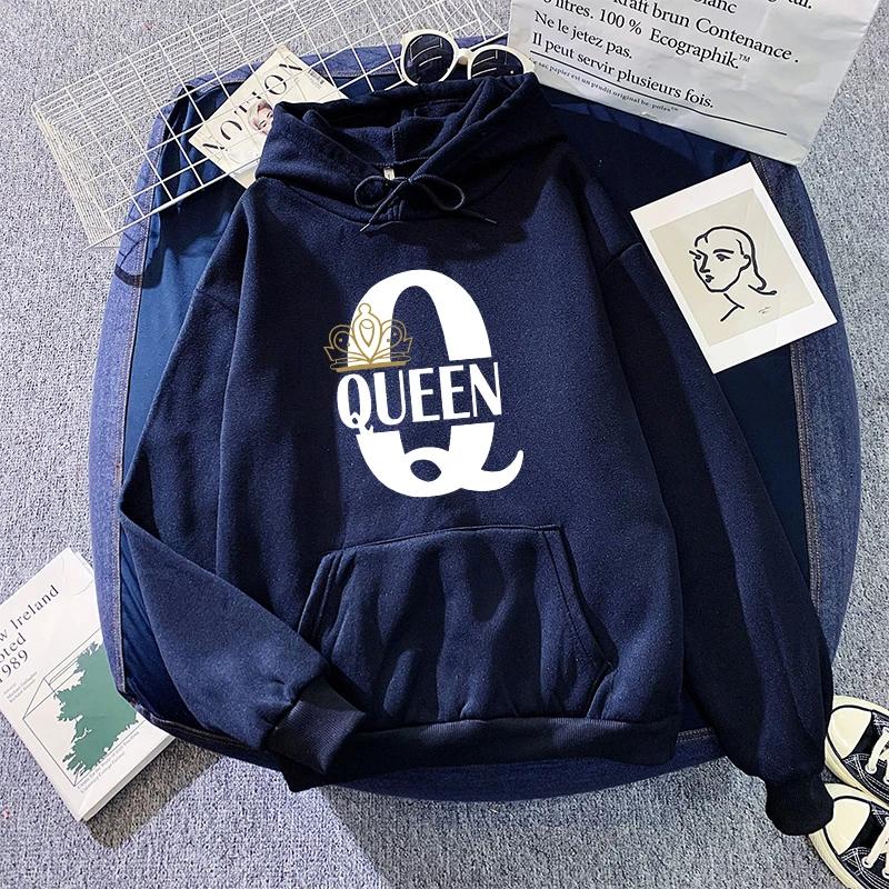 King Queen Tryck Hoodie för Kvinna Man 2025 Ny Ankomst Par Huvtröja Långärmad Pullover Hemma Utomhus Komfort Varma Sweatshirts