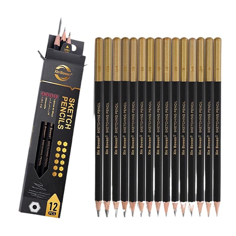12Pcs/Box Wooden Lead Pencils Hb-14B High-Quality Art Draw Specific Graphite Core Sketching Writing Stationery Supplies