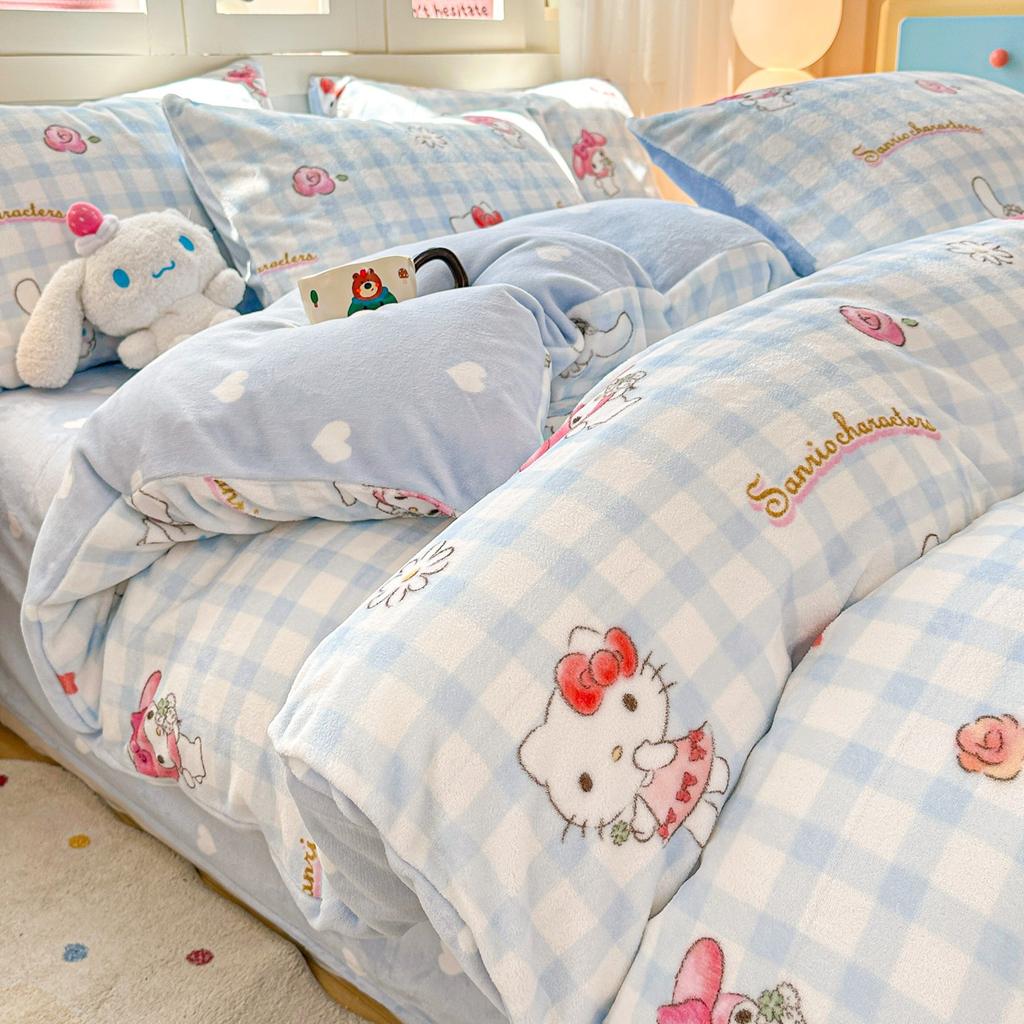 Children'S Thickened Milk Fleece Bed Four-Piece Warm Coral Fleece Fleece Quilt Cover Student Bedding