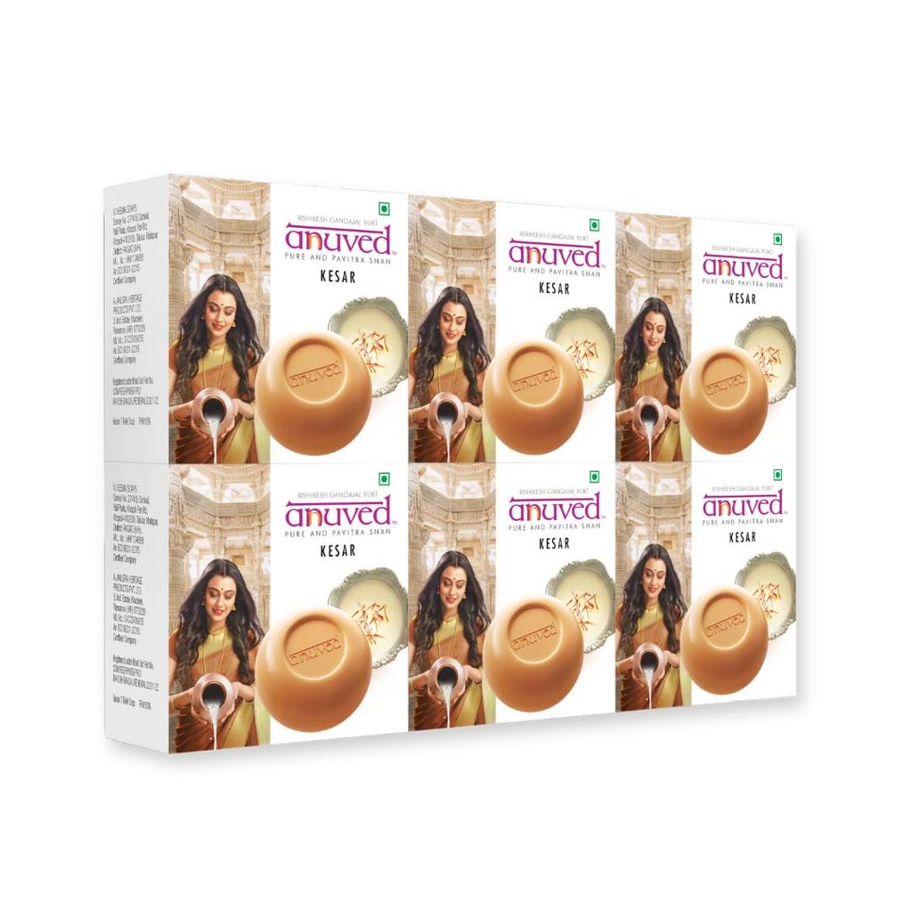 Anuved Herbal & Natural Moisturizing Kesar Soap | Pack of 6 | 125 Grams Each | Enriched with Rishikesh Gangajal, It Contains Saffron and Milk for S