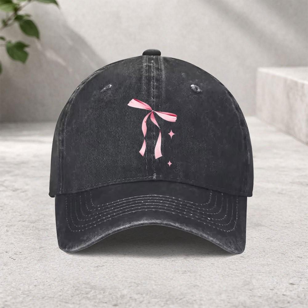 Pink Bow Baseball Cap Washed Cotton Trendy Retro Adjustable Street Hip Hop Cap