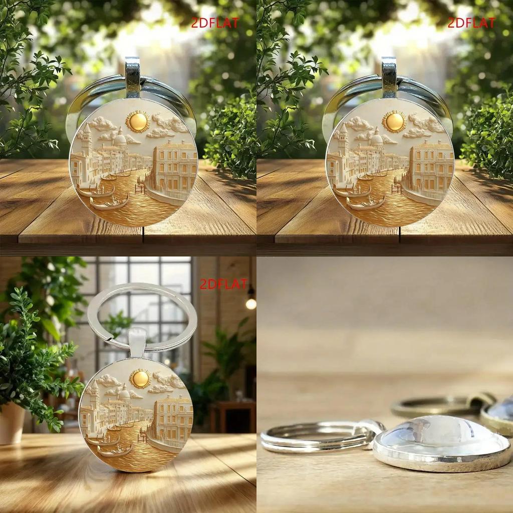Water City Themed Glass Pendant Keyring With Zinc Alloy Construction For Collectors Gift