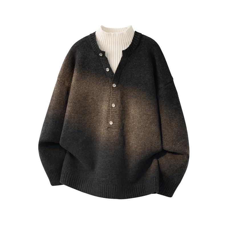 Men's Gray Korean-Style V-Neck Knitwear: Light Luxury, Fake Two-Piece Buttoned High Neck Long Sleeve Sweater Pullover.