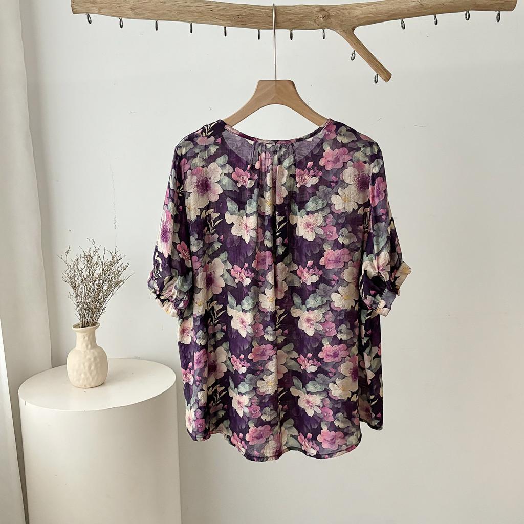 DIMANAF 2025 New Summer Women Linen T-Shirt Buttons Flower Short Sleeve Basic Fashion O-Neck Tops Tees Loose Tees