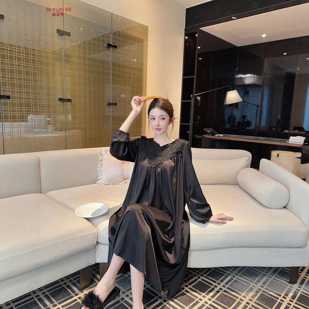 1011 new ice silk nightdress women's long-sleeved lace spring and autumn loungewear high-end light luxury style can be worn outside pajamas
