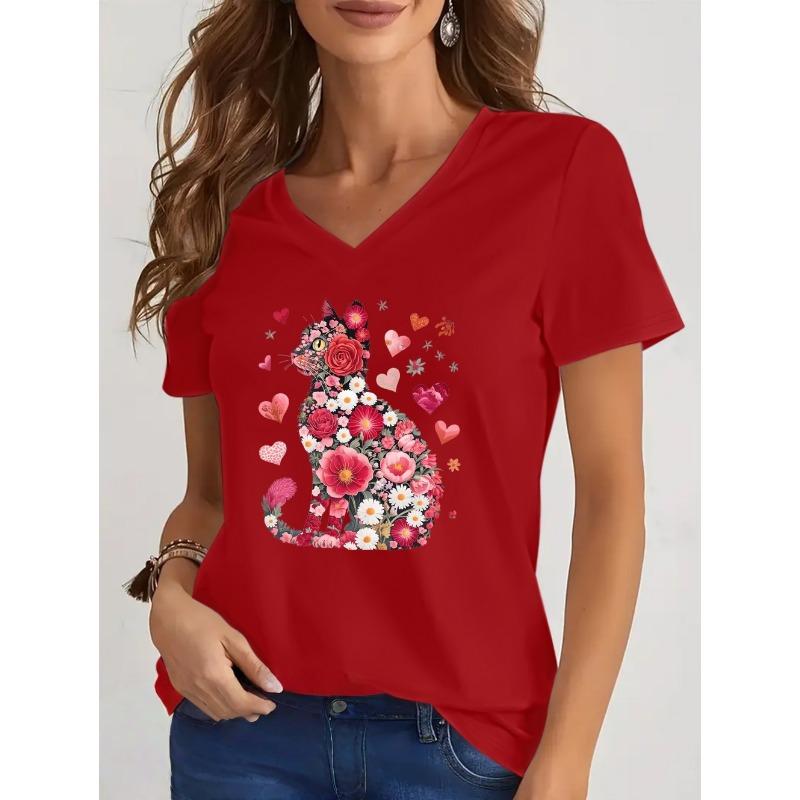 2026 New Summer Women's Fashion T-Shirt Short Sleeve 3D Cat Print Top Tees V-Neck Casual