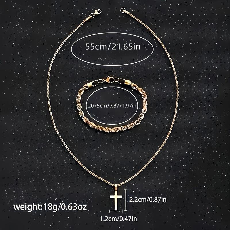 Gold Plated Stainless Steel Cross Pendant Necklace & Rope Chain Bracelet Jewelry Set for Men Women