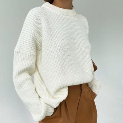 Solid Color Round Neck Thickened Sweater Women's Autumn and Winter New Loose Long Sleeve Lazy Wind Pullover Knitted Sweater Women