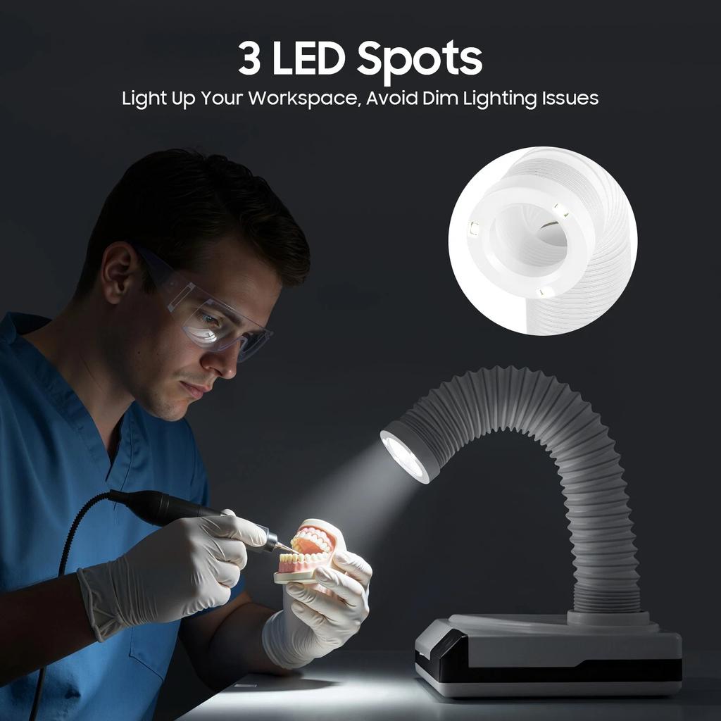 60W Dental Vacuum Cleaner Dentist Lab Equipment Dust Collector Retractable Elbow LED Fan ForTable Dust Extractor Suction Machine
