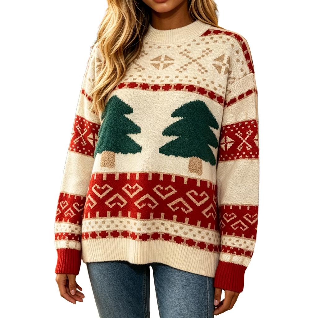 Women's Christmas Pullover Sweater Long Sleeve Knit Top for Winter Holidays