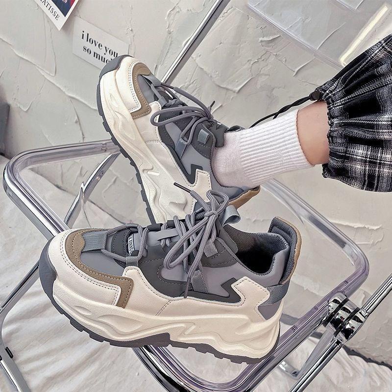 Spring and Autumn Women's Thick Soled Lace Up Sports Shoes, Suitable for Female Student Style, Korean Style, Multi Functional Leisure