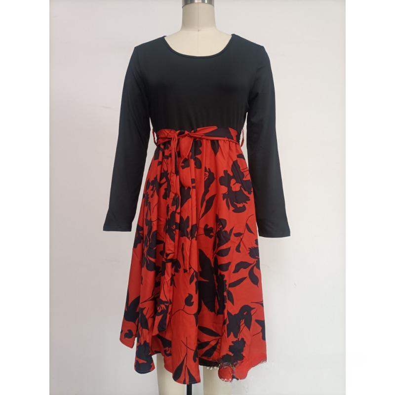 Spring and Autumn Women's Dress Printed Dresses Round Neck Tie Dresses