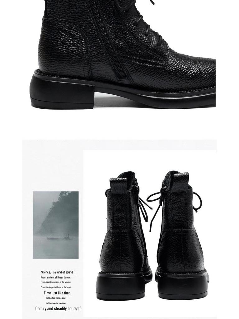 Damskie buty Martin w stylu brytyjskim: Skóra bydlęca licowa, Okrągły nosek, Sznurowane, Niskie, Prawdziwa skóra, Plus aksamit, Miękka podeszwa, Zimowe botki.
