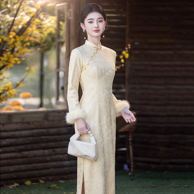 Womens Long Sleeve Winter Warm Chinese Style Qipao Dress With Fleece Lining Pink Yellow Plus Size S-3XL