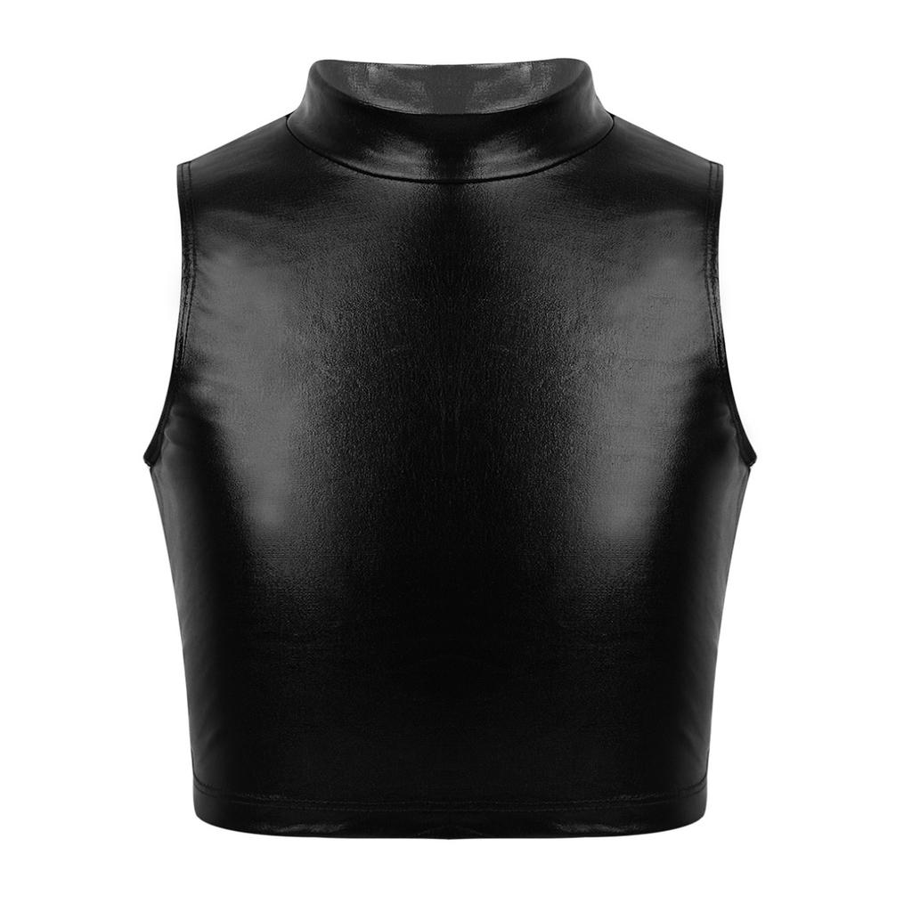 Girls Shiny Metallic Crop Tank Top Ballet Dance Jazz Hip Hop Performance Costumes