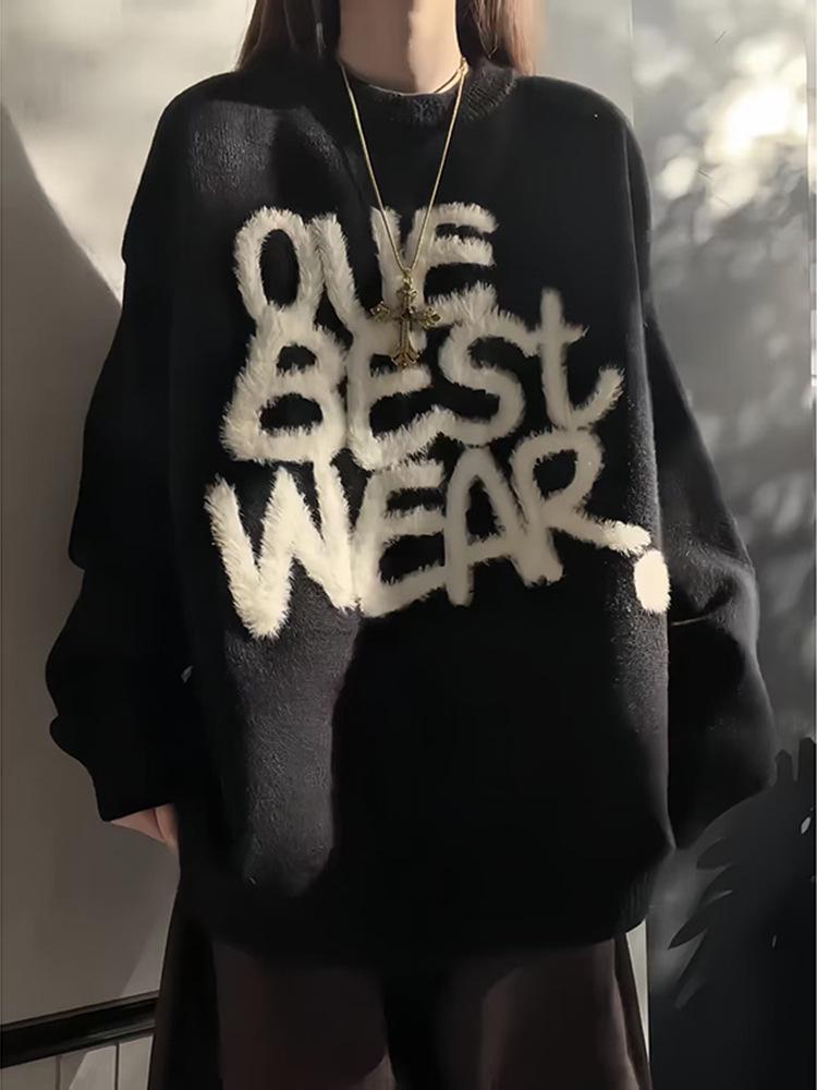 Men's Black Jacquard Mink Velvet Knit Sweater - American Retro, Heavyweight, Soft, High Elastic, Autumn/Winter Style.