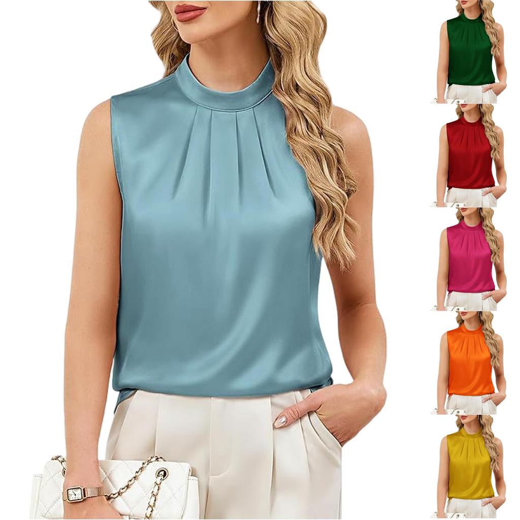 Women’s Summer Pleated Sleeveless Blouse Business Casual Top with High Neck and Relaxed Fit for Office or Daily Wear