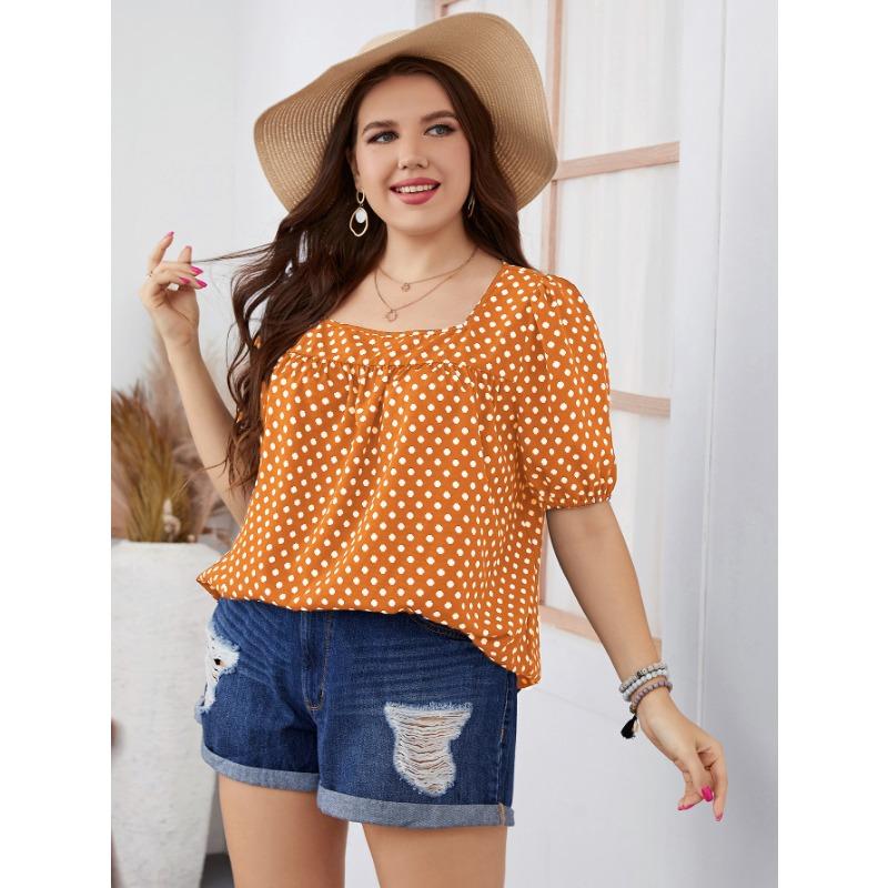 Sommer Herbst Damen Chiffon Kurz Rundhals Bluse Karomuster Temperament Pendler Polka Dot Hemd XL-4XL