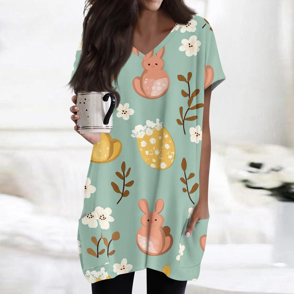 Womens Tops V-neck Short Sleeve Blouses Casual Mid-length Shirts Fashion Print Tunic Tops With Pockets