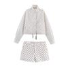 Women's High Neck Long Sleeve Polka Dot Jacket Loose Fit Two Piece Matching Mini Shorts Set Streetwear Spring Outfit