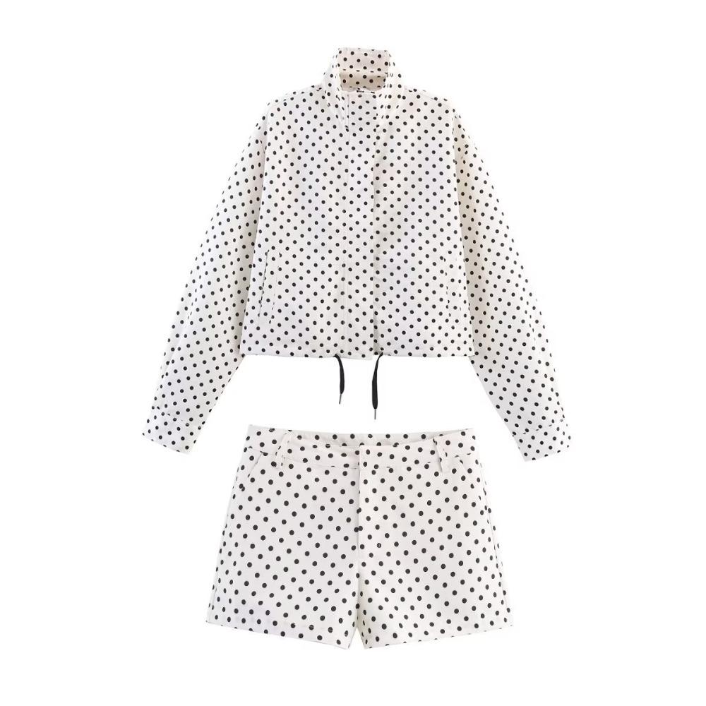Women's High Neck Long Sleeve Polka Dot Jacket Loose Fit Two Piece Matching Mini Shorts Set Streetwear Spring Outfit