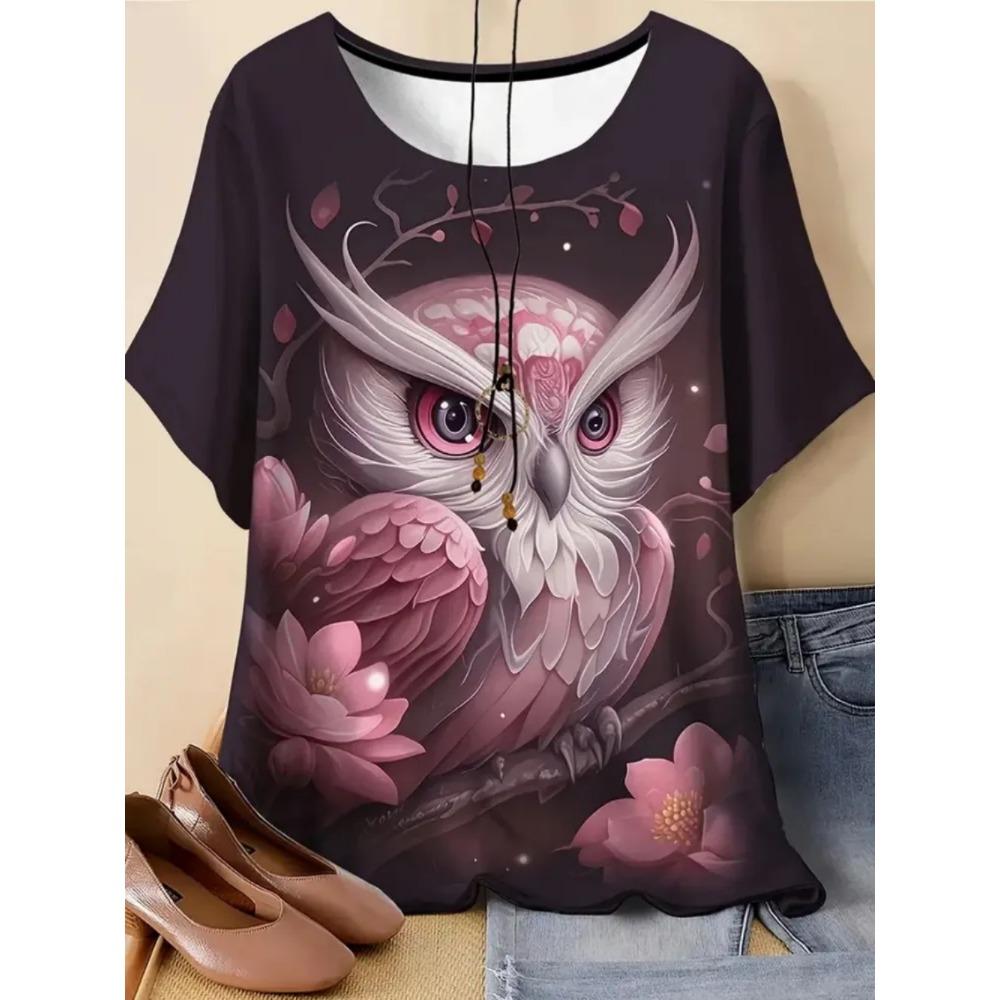 Ladies Fashionable Comfortable Printed Animal T-shirt Interesting Animal Owl Bird Patterns Loose Breathable Large Size Short Sleeved T-shirt