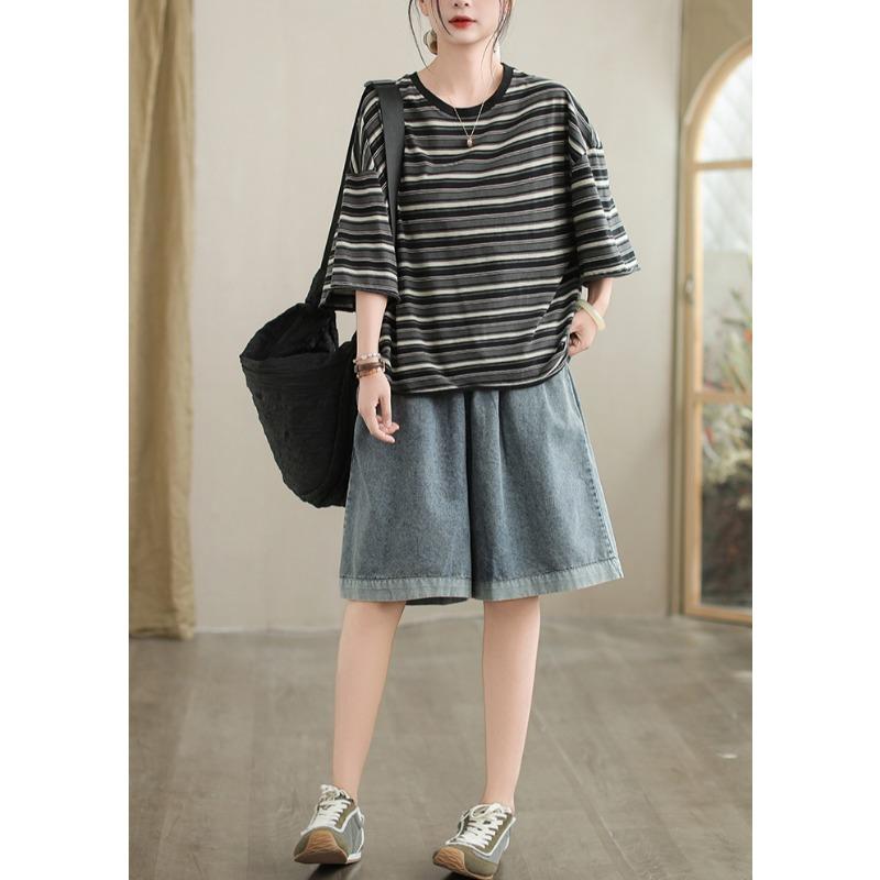 DIMANAF 2025 Summer T-shirt Women Spliced Stripe Printing Short Sleeve Loose Black