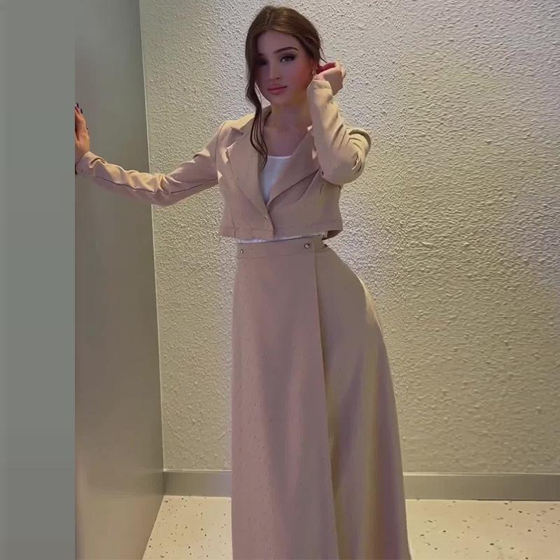 2024 Autumn European & American Turn-Down Collar Slim Fit Top and High Waist Midi Skirt Two-Piece Set