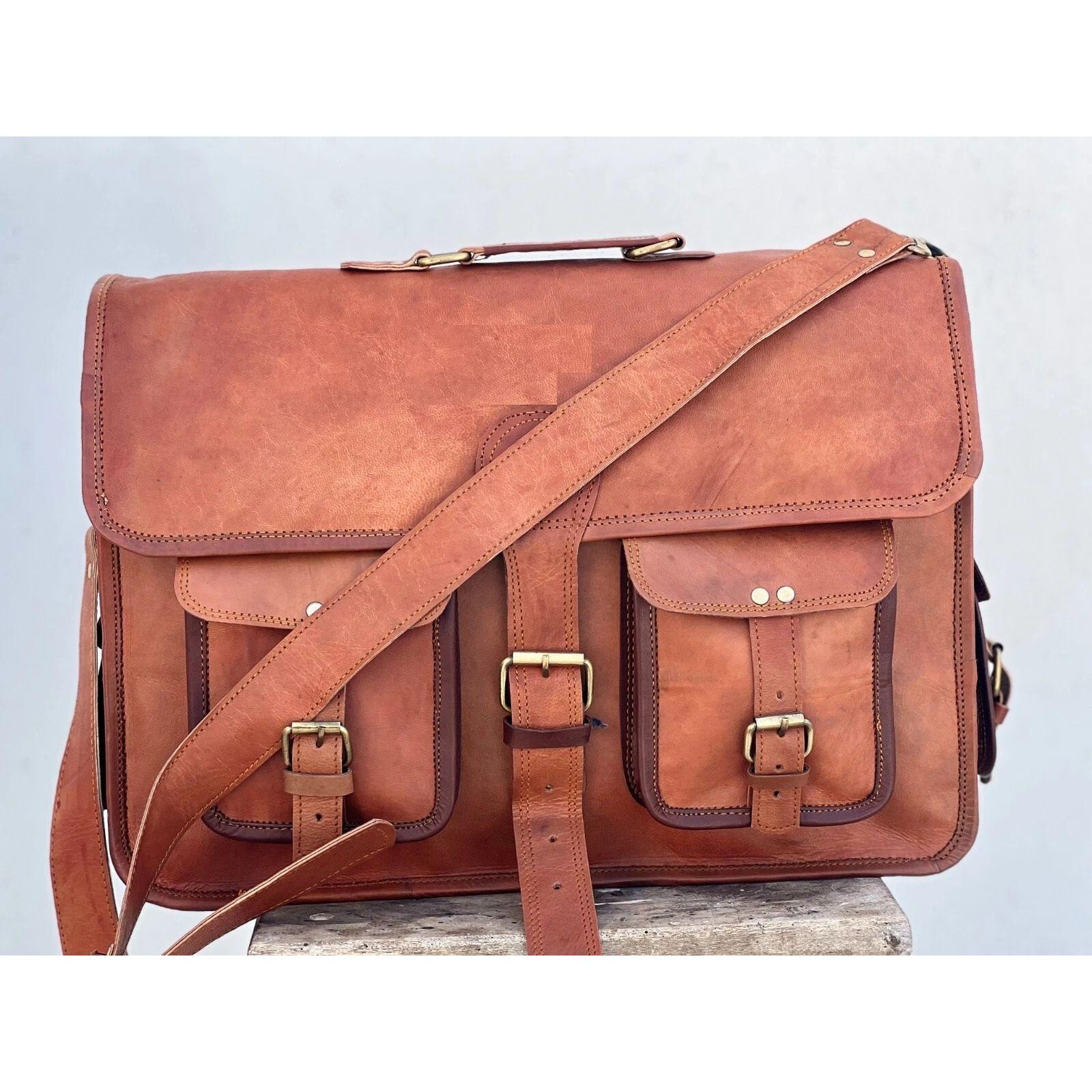 

Мужской портфель из натуральной кожи, винтажная сумка-мессенджер, наплечная сумка для ноутбука 18 x 14 x 6 in