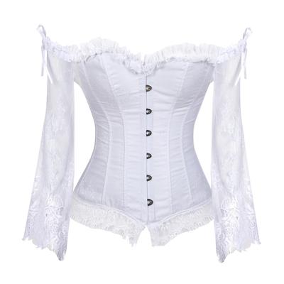 White Victorian Floral Lace Long Flare Sleeve Strapless Bridal Corset Lingerie Sexy Corsets and Bustiers Wedding Gothic Clothing