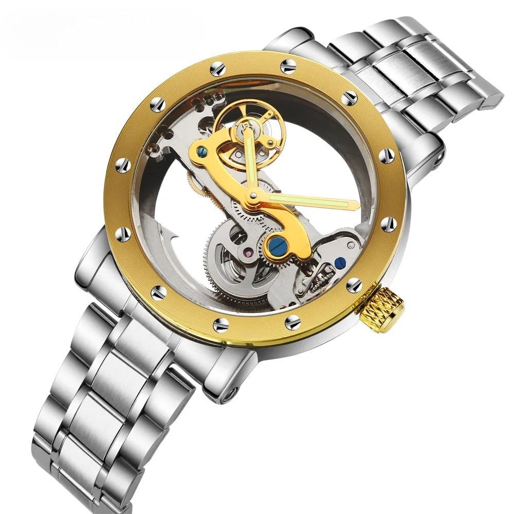 New Man Watch Luxury Mechanical Watch Men Stainless Steel Automatic Self Wind Watch Skeleton Transparent Hollow Watch