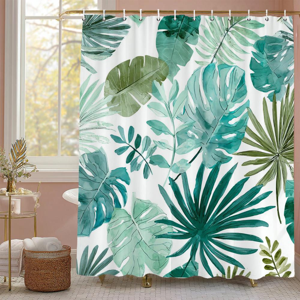 Grünes Blatt Duschvorhang, Palmblatt, Bananenblatt Badezimmerdeko, Wasserdichter Polyester Duschvorhang, Heimdeko Duschvorhang