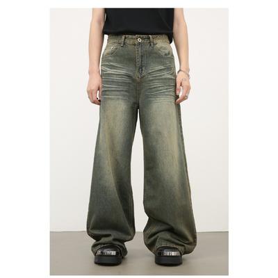 Long Trousers Vintage Green Washed Jeans Men's Sagging Loose Straight Wide-leg Pants Straight Loose Jeans for Men Fashionable and Comfortable Pants